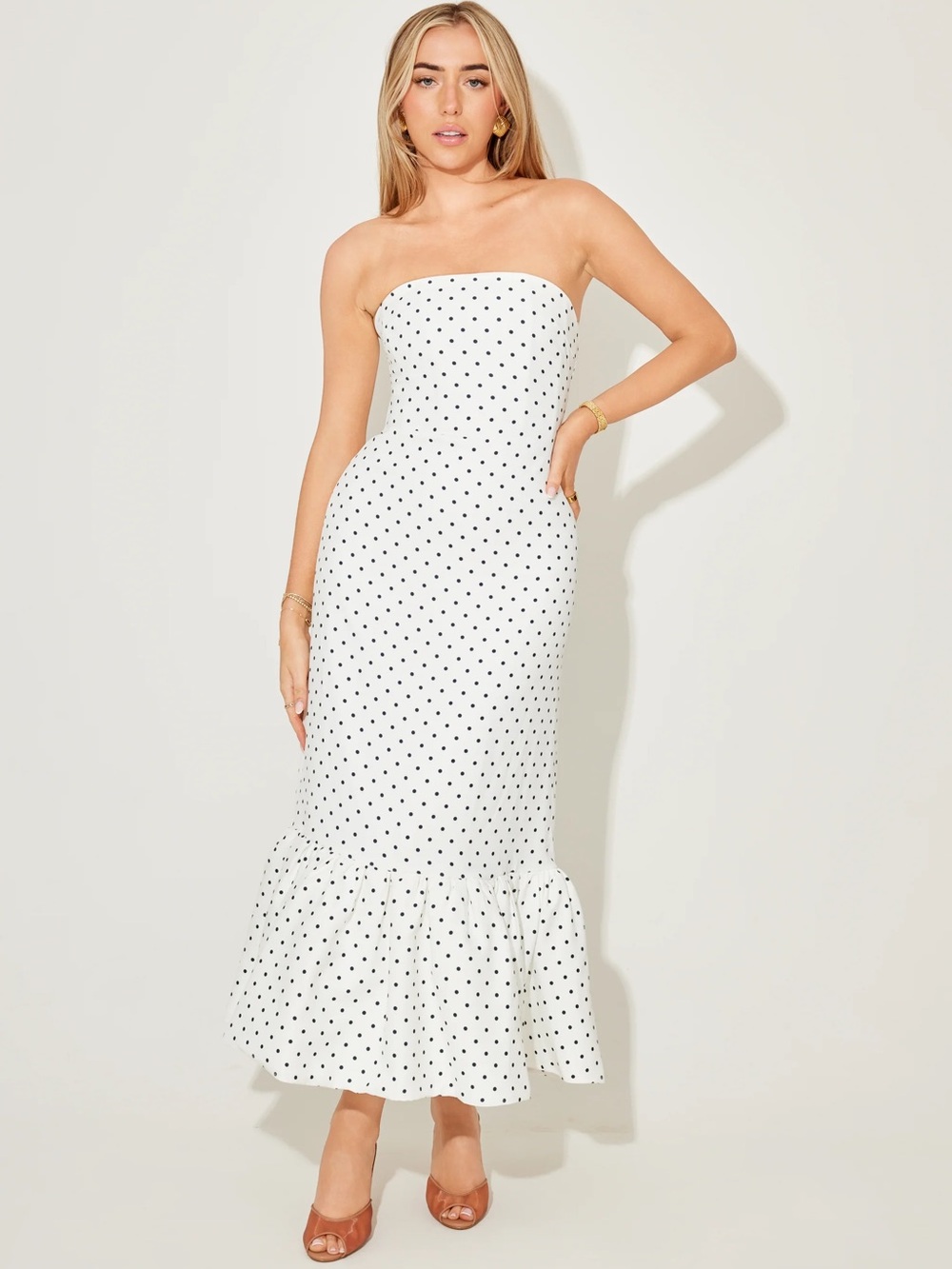 Strapless White Polka Dot Midi Dress